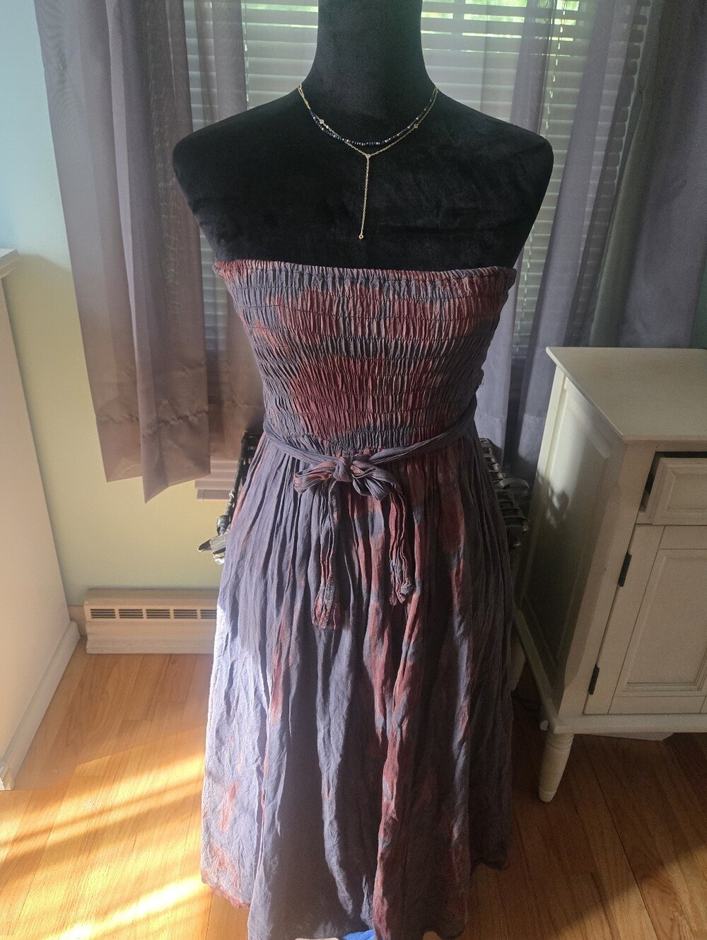 Versatile Smocked Strapless Midi Dress or Skirt in Clay, Purple and Rust.